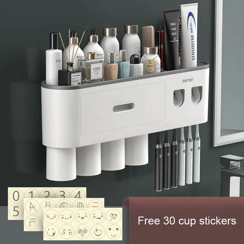 Magnetic Toothbrush Holder and Waterproof Storage Box with Wall-Mounted Toothpaste Dispenser for 2/3/4 Cups - Bathroom Accessories