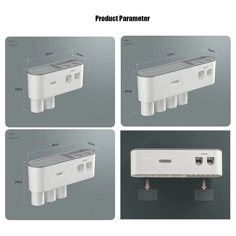 Magnetic Toothbrush Holder and Waterproof Storage Box with Wall-Mounted Toothpaste Dispenser for 2/3/4 Cups - Bathroom Accessories