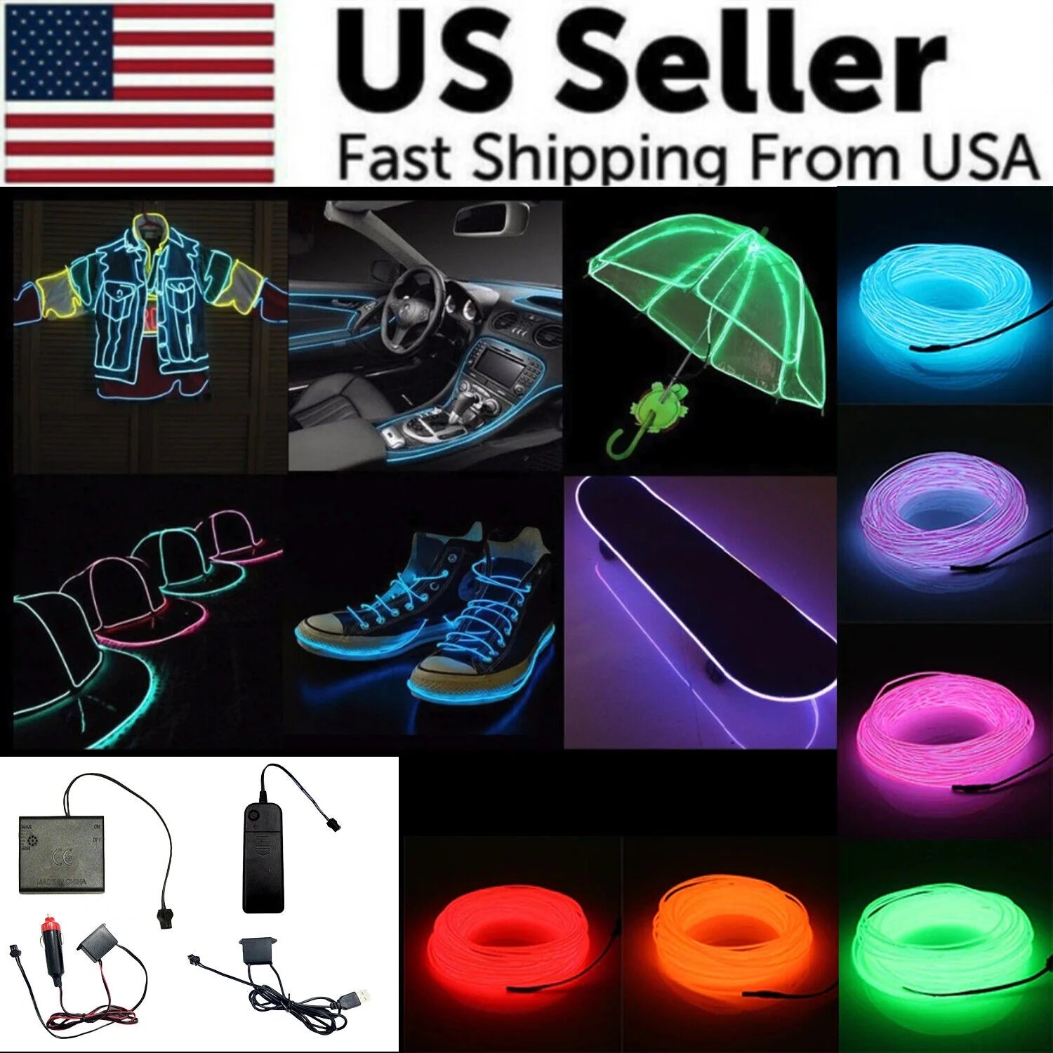 Neon LED EL Wire String Light with Controller for Decorative Use in Cars and Events