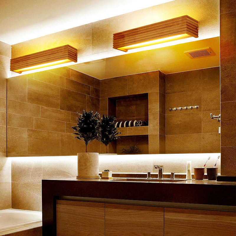 Contemporary Waterproof Rectangle Wooden Vanity Mirror with LED Lighting for Bathroom Makeup
