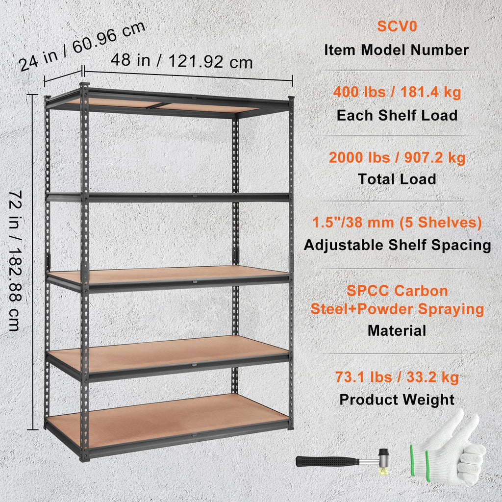VEVOR Heavy-Duty 5-Tier Adjustable Metal Storage Shelving Unit, 2000 lbs Capacity, Utility Rack for Garage, Kitchen, Pantry, Basement, Bathroom, and Laundry, Black, 48" L x 24" W x 72" H