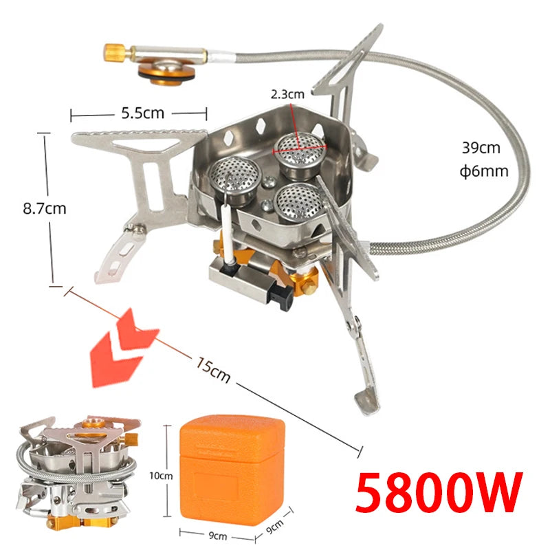 Portable Foldable Outdoor Camping Gas Stove with Three Burners - 5800W High-Power Windproof Burner for Travel, Picnics, and BBQs