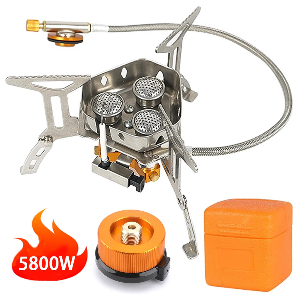 Portable Foldable Outdoor Camping Gas Stove with Three Burners - 5800W High-Power Windproof Burner for Travel, Picnics, and BBQs