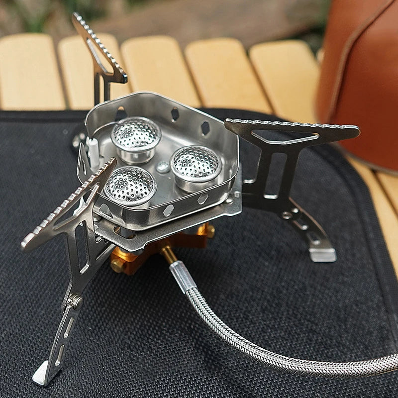 Portable Foldable Outdoor Camping Gas Stove with Three Burners - 5800W High-Power Windproof Burner for Travel, Picnics, and BBQs