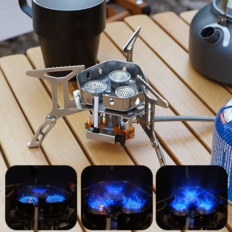 Portable Foldable Outdoor Camping Gas Stove with Three Burners - 5800W High-Power Windproof Burner for Travel, Picnics, and BBQs