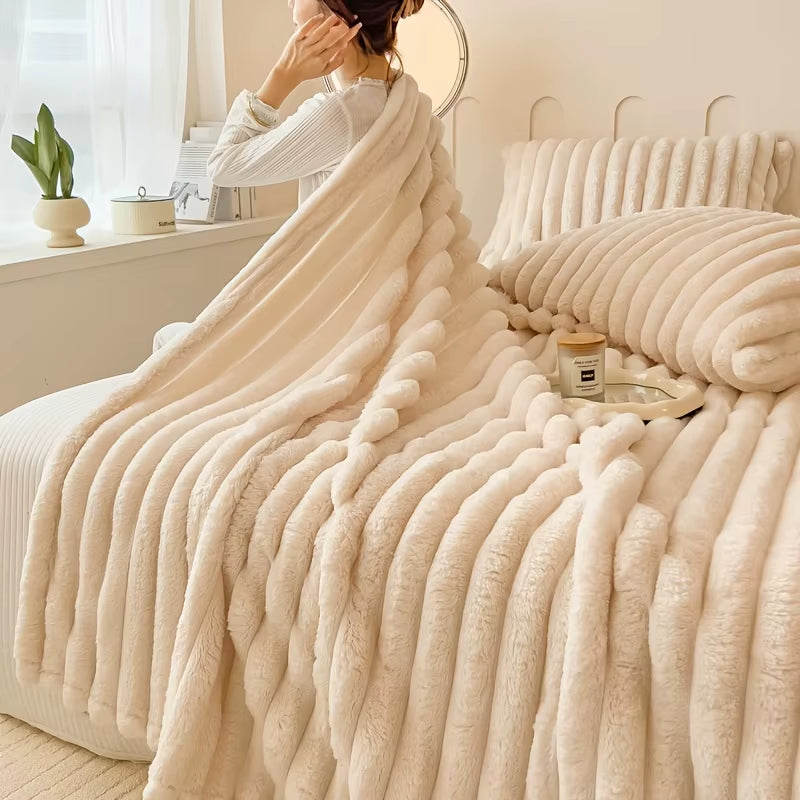 Luxury Faux Rabbit Fur Throw Blanket - Plush, Fluffy, and Warm Solid Color Design for Sofa and Bed - Ideal for Spring and Autumn Use