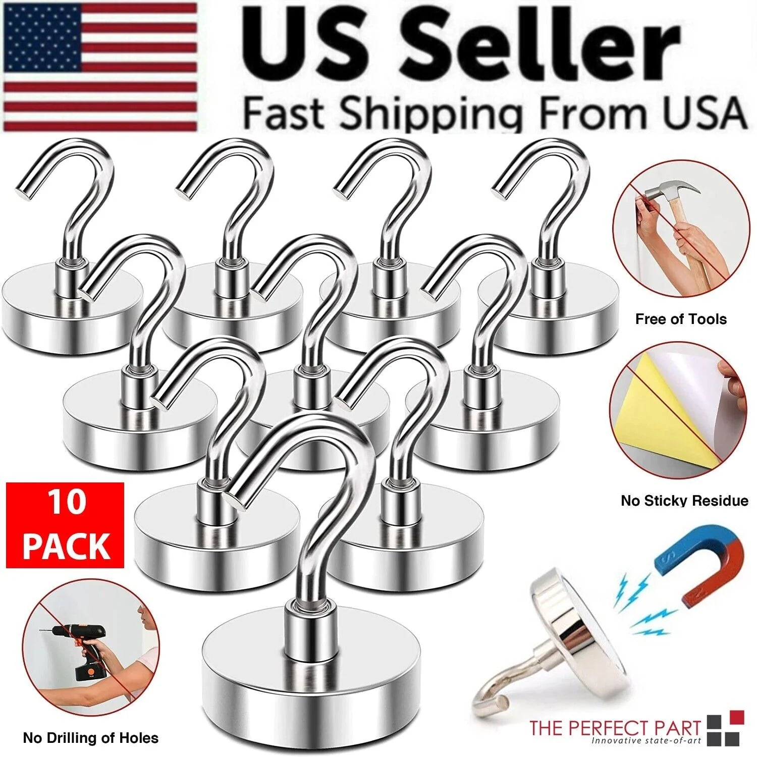 10-Pack Strong Neodymium N52 Magnetic Hook Hangers - USA Made
