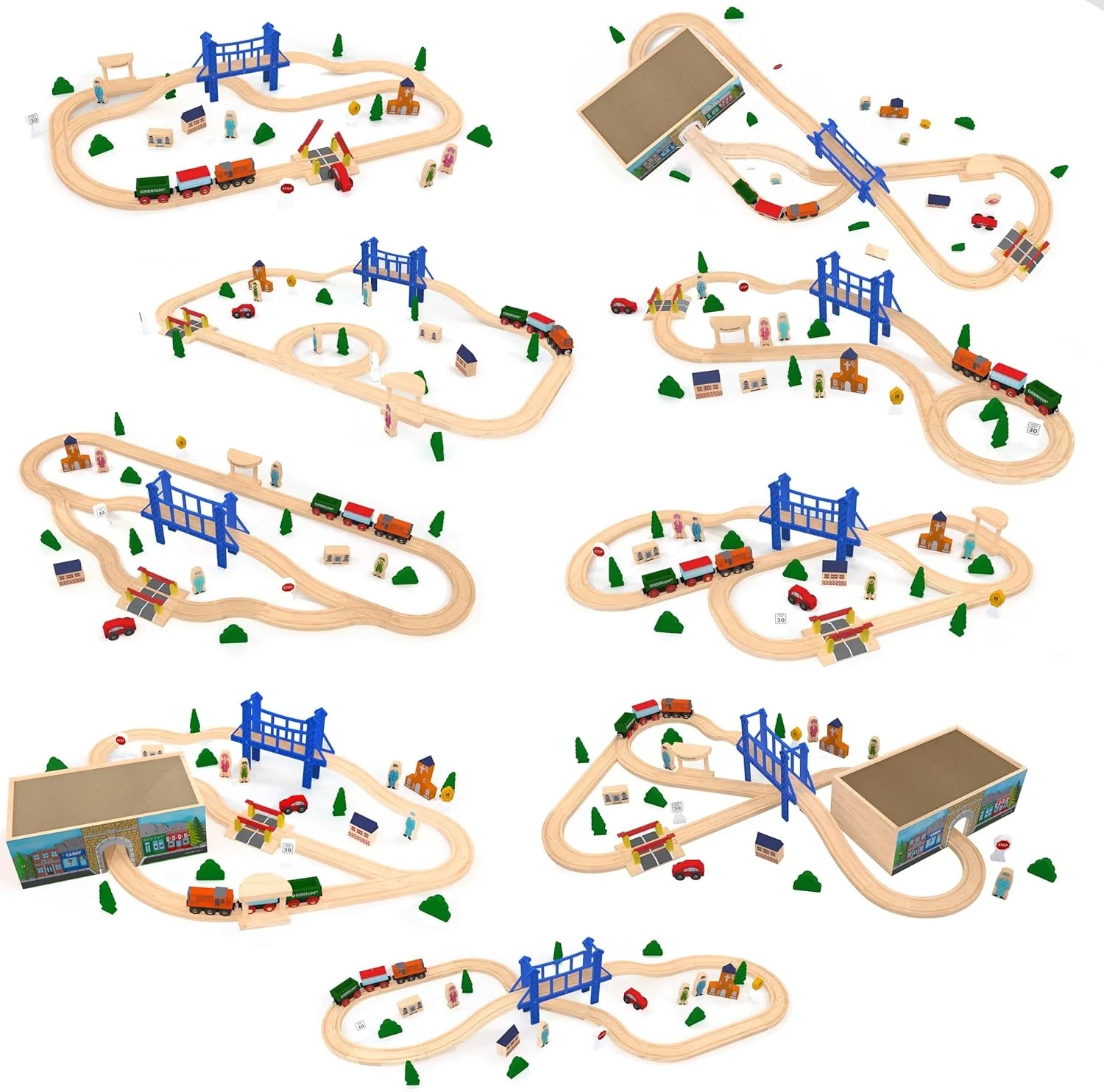 Deluxe 52-Piece Wooden Train Set with Storage Box and Tunnel, Compatible with Thomas, Brio, and Melissa & Doug