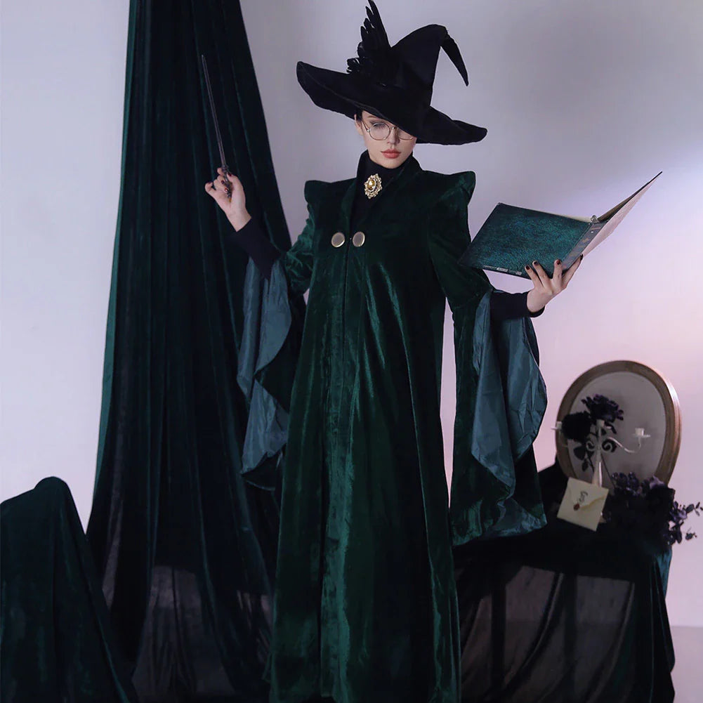 Professor Minerva McGonagall Cosplay Costume - Green Robe Cloak Dress for Halloween and Themed Events
