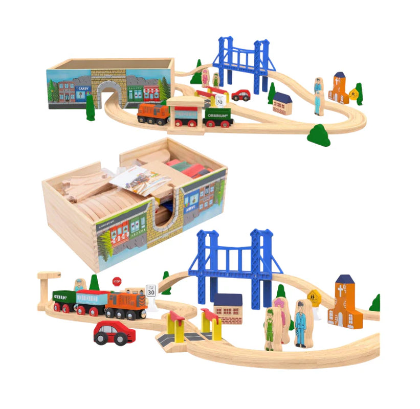 Deluxe 52-Piece Wooden Train Set with Storage Box and Tunnel, Compatible with Thomas, Brio, and Melissa & Doug