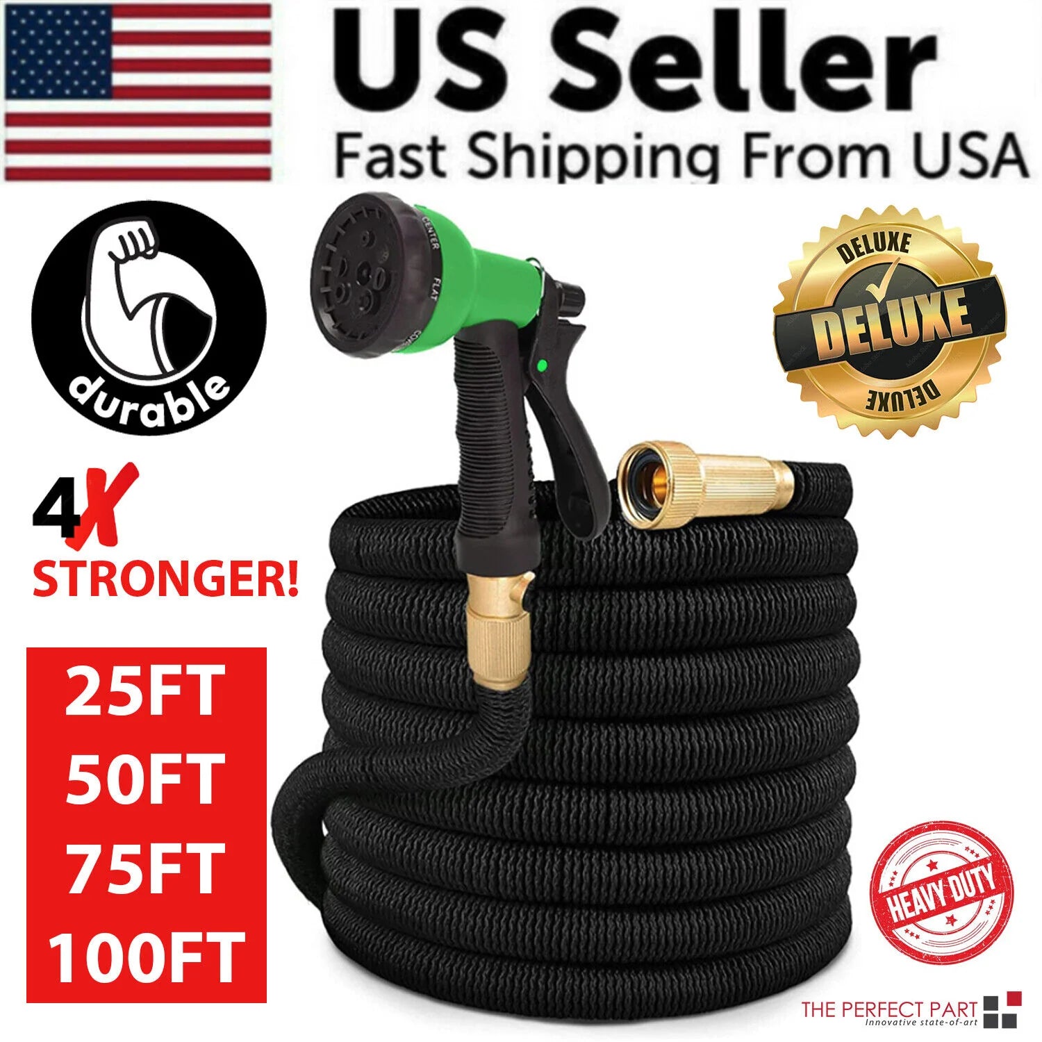 Deluxe Expandable Flexible Garden Hose - 25, 50, 75, 100FT - 4X Stronger Design