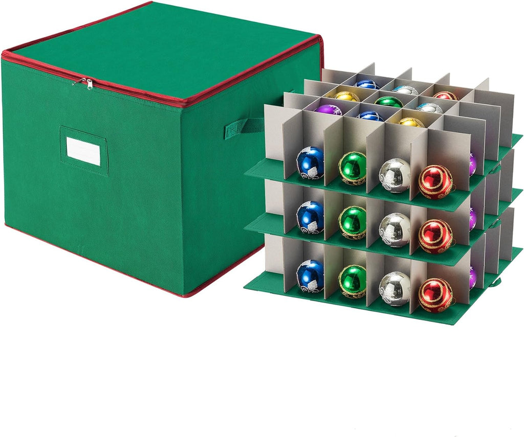 Christmas Storage Box with Zip Top - Large Capacity for Up to 75 Ornaments - Green