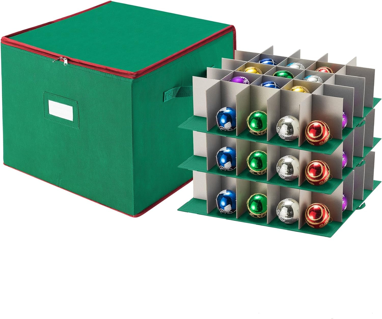Christmas Storage Box with Zip Top - Large Capacity for Up to 75 Ornaments - Green