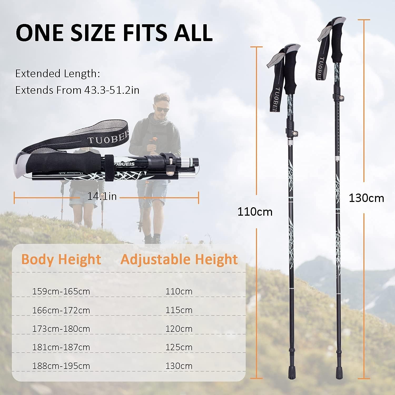 Collapsible Trekking Poles for Hiking - 2-Piece Lightweight Adjustable Antishock Walking Sticks with 8 Replacement Rubber Tips, Black