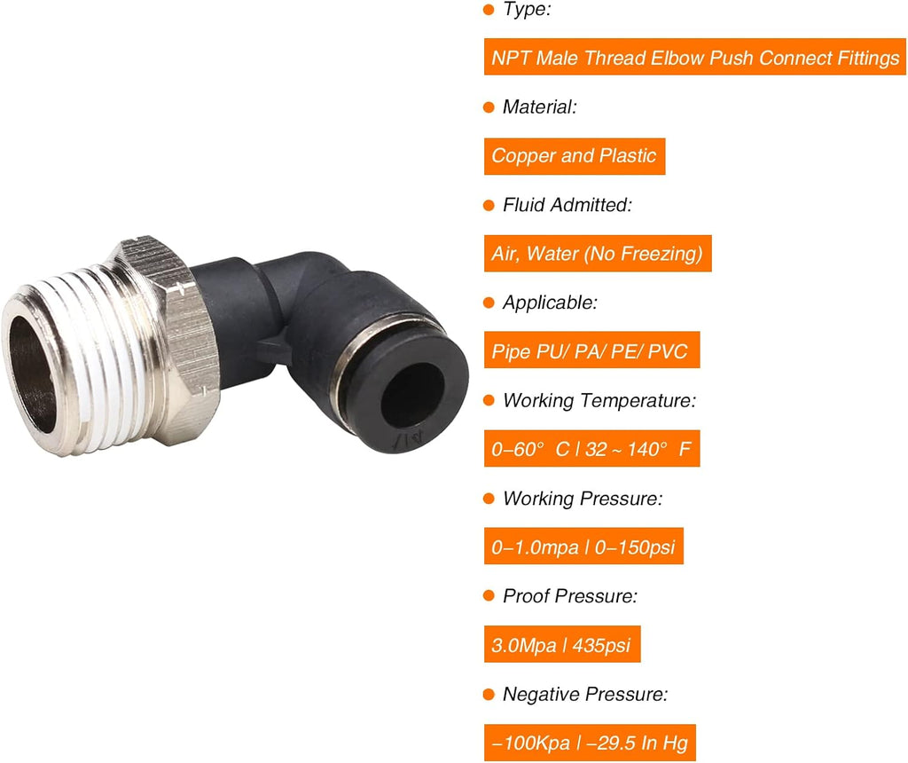 3/8" Elbow Male Push-to-Connect Air Fittings - 90 Degree Pneumatic Connectors for 1/4" Tubing OD and 3/8" NPT Thread, Pack of 5