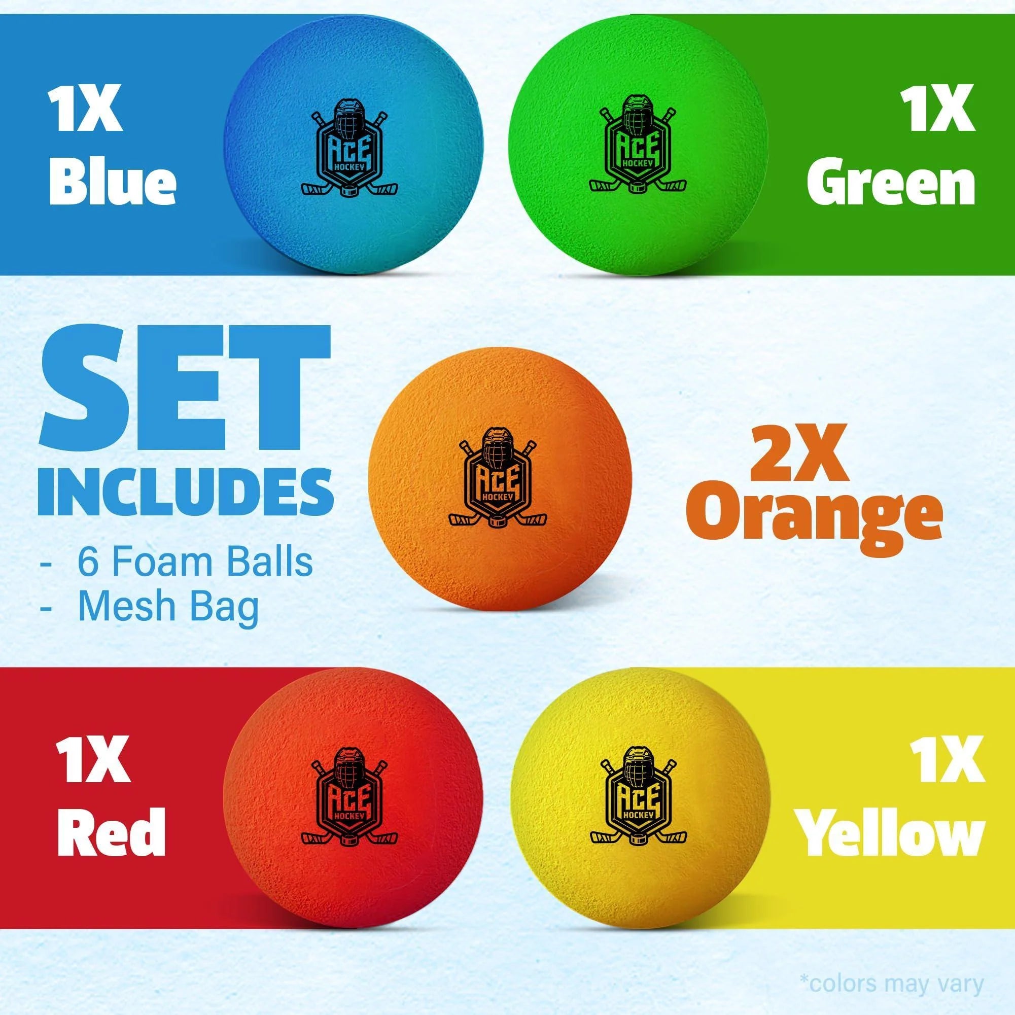 Soft Foam Mini Hockey Balls - Set of 6 for Knee and Floor Hockey, Includes 2 Indoor Balls