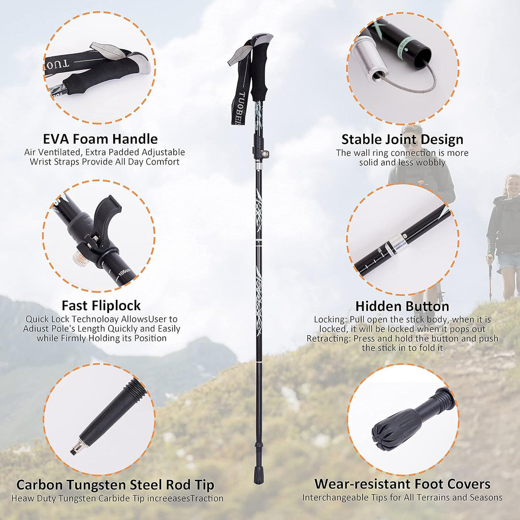 Collapsible Trekking Poles for Hiking - 2-Piece Lightweight Adjustable Antishock Walking Sticks with 8 Replacement Rubber Tips, Black