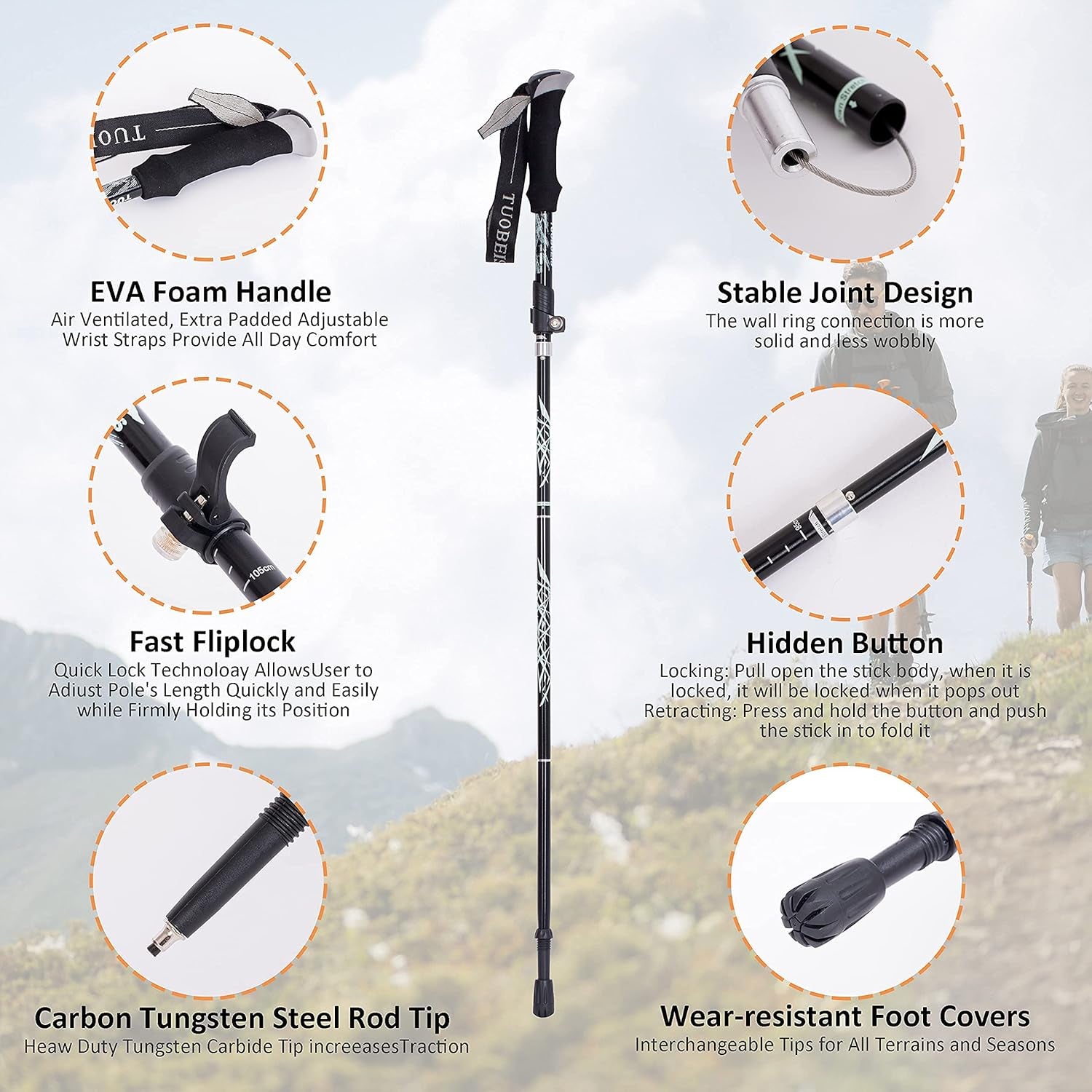 Collapsible Trekking Poles for Hiking - 2-Piece Lightweight Adjustable Antishock Walking Sticks with 8 Replacement Rubber Tips, Black