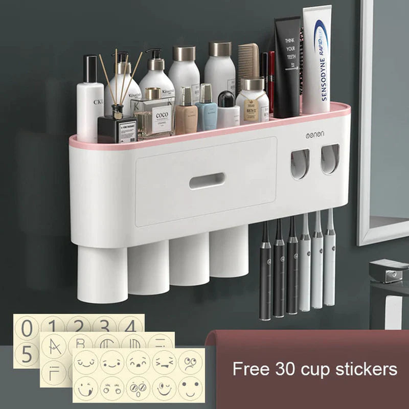Magnetic Toothbrush Holder and Waterproof Storage Box with Wall-Mounted Toothpaste Dispenser for 2/3/4 Cups - Bathroom Accessories