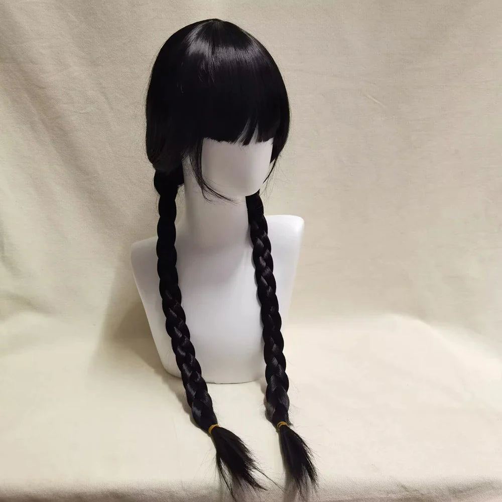 Wednesday Addams Long Black Braided Wig with Bangs - Heat Resistant Synthetic Hair for Halloween Cosplay