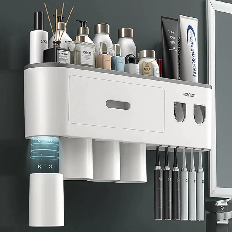 Magnetic Toothbrush Holder and Waterproof Storage Box with Wall-Mounted Toothpaste Dispenser for 2/3/4 Cups - Bathroom Accessories