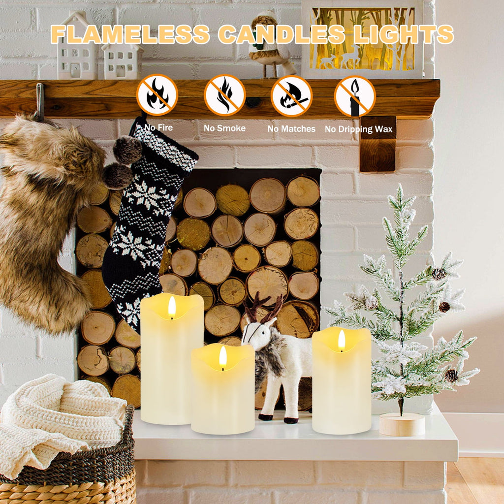 Set of 3 White Flameless LED Pillar Candles with Remote Control and Timer - Dimmable Battery-Operated Electric Candles for Holiday Decor