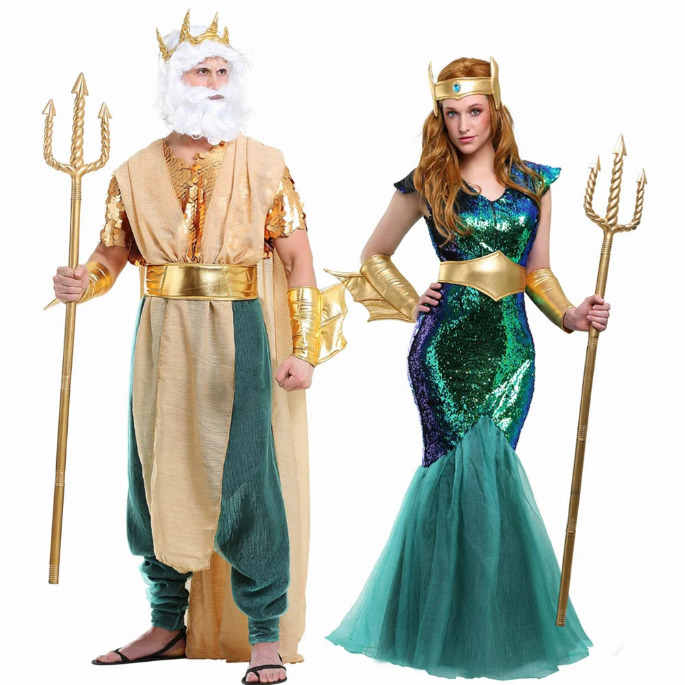 Elegant Deluxe Couples Neptune and Poseidon Sea Siren Mermaid Costume