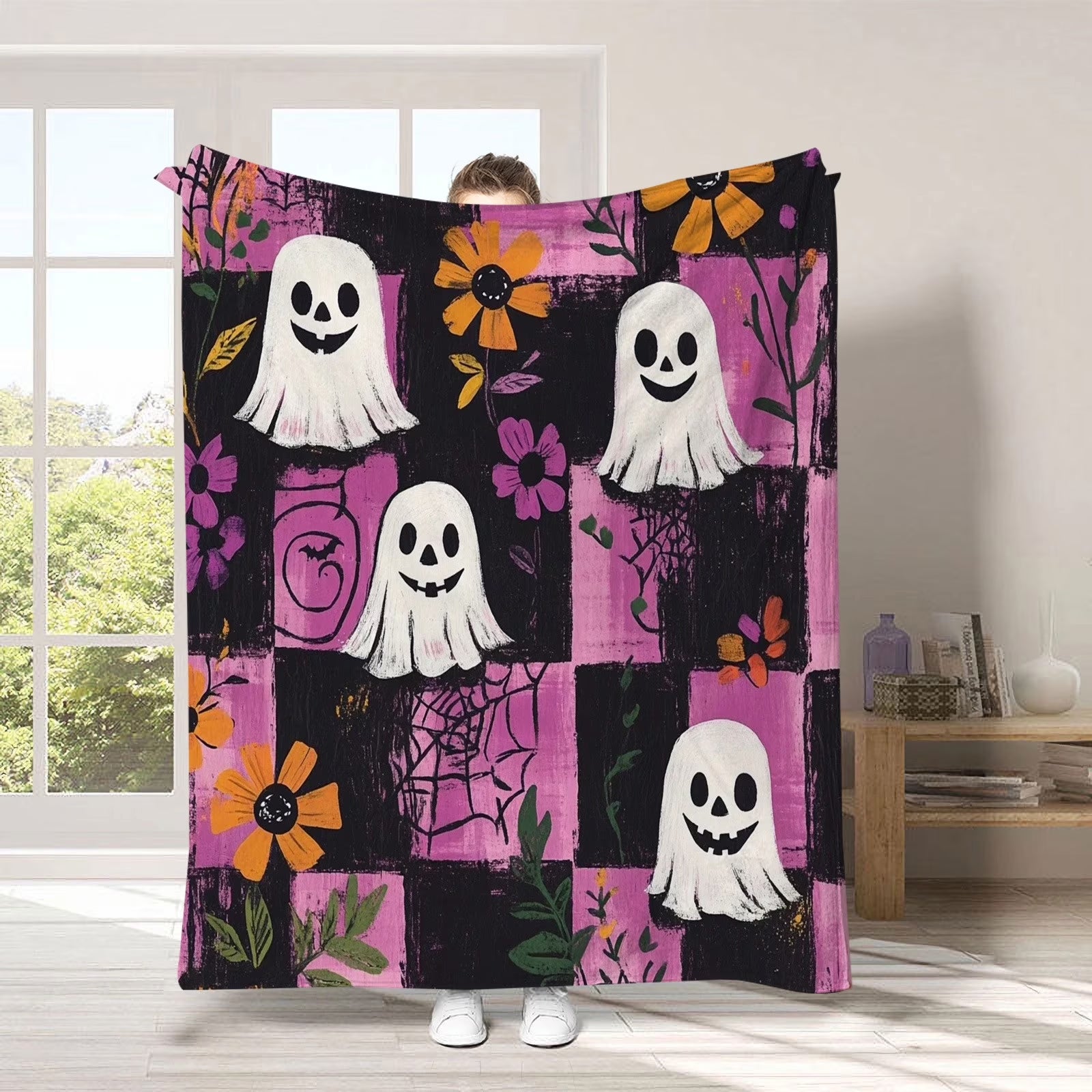 Halloween Themed Plush Throw Blanket - Soft and Warm Spider Webs, Bats, and Pumpkins Design for Sofa, Bed, Couch, or Dorm Use