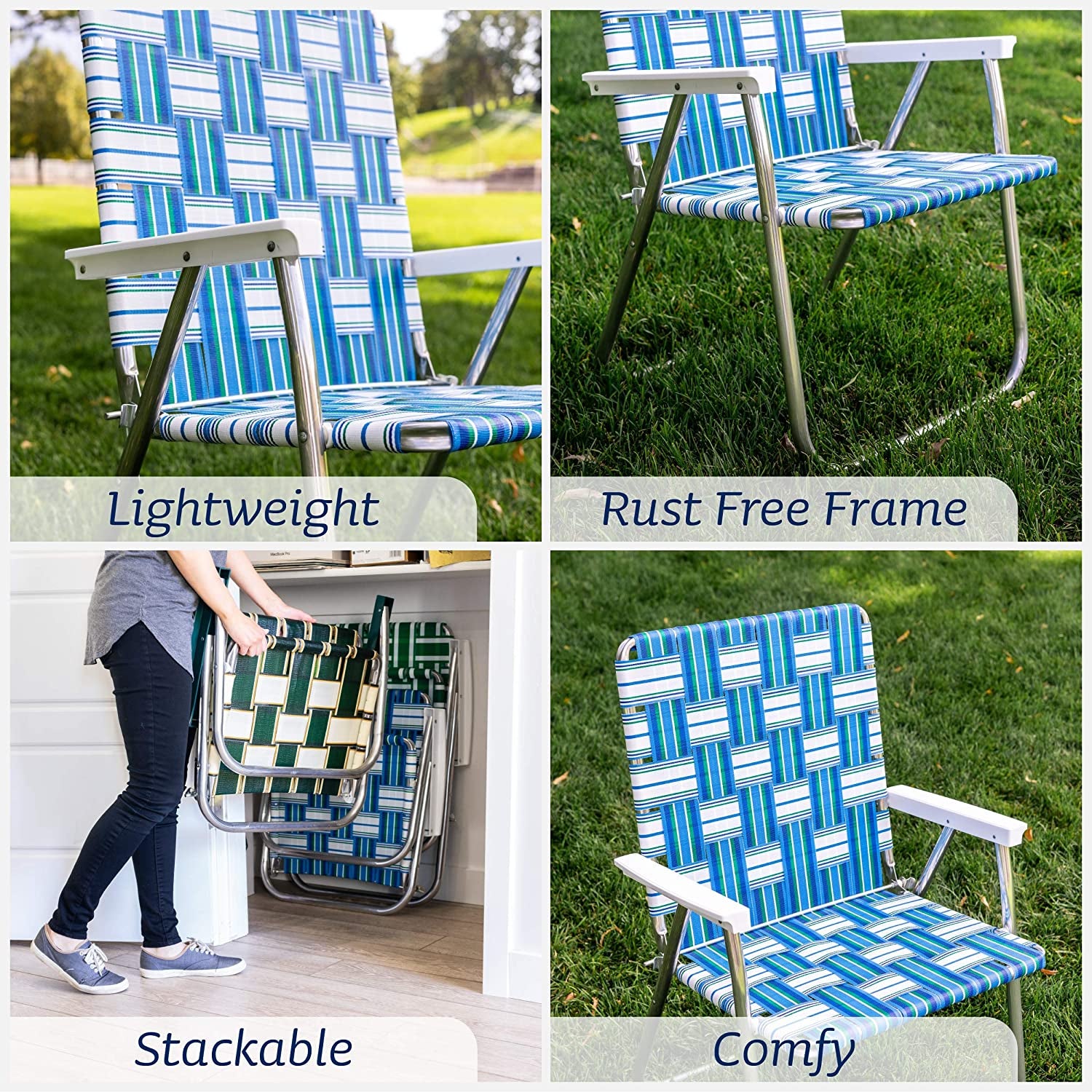 Folding Aluminum Outdoor Patio Chair | Durable Webbed Design for Camping, Sports, Beach, Yard & Tailgating | Lightweight and Portable | Classic Green/Yellow Color