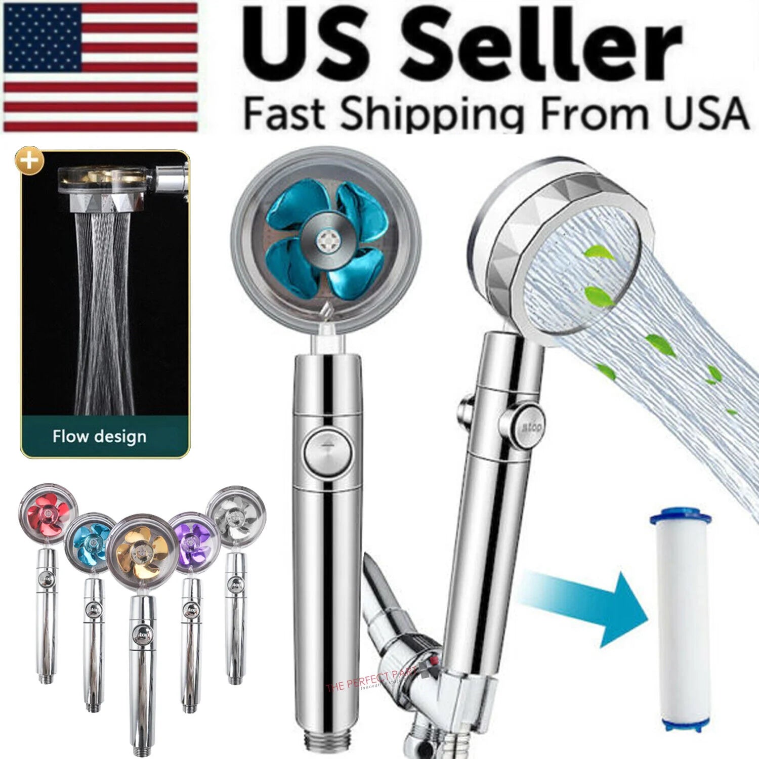 Adjustable High-Pressure Shower Head with 360° Rotation and Water-Saving Turbine Technology