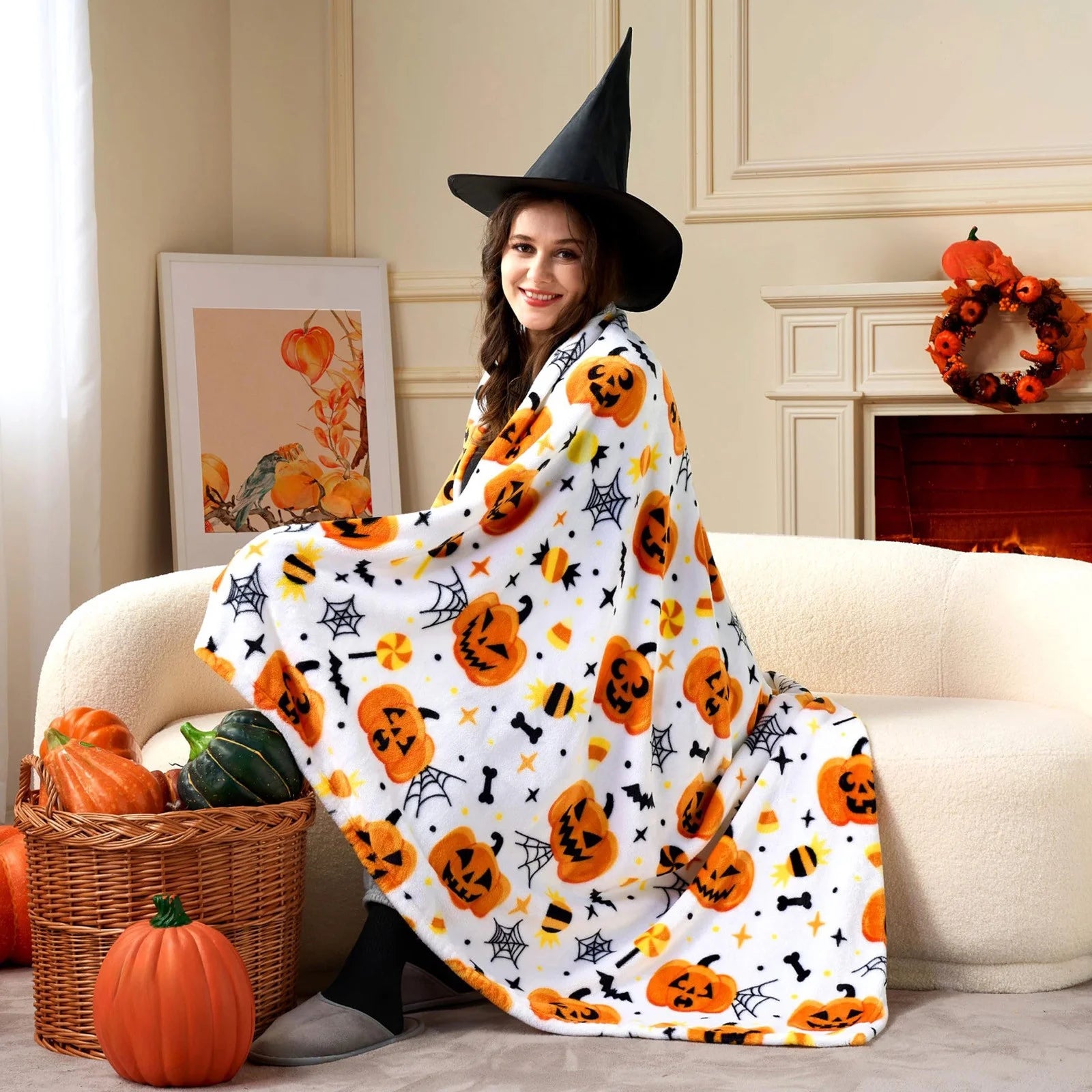 Halloween Themed Plush Throw Blanket - Soft and Warm Spider Webs, Bats, and Pumpkins Design for Sofa, Bed, Couch, or Dorm Use