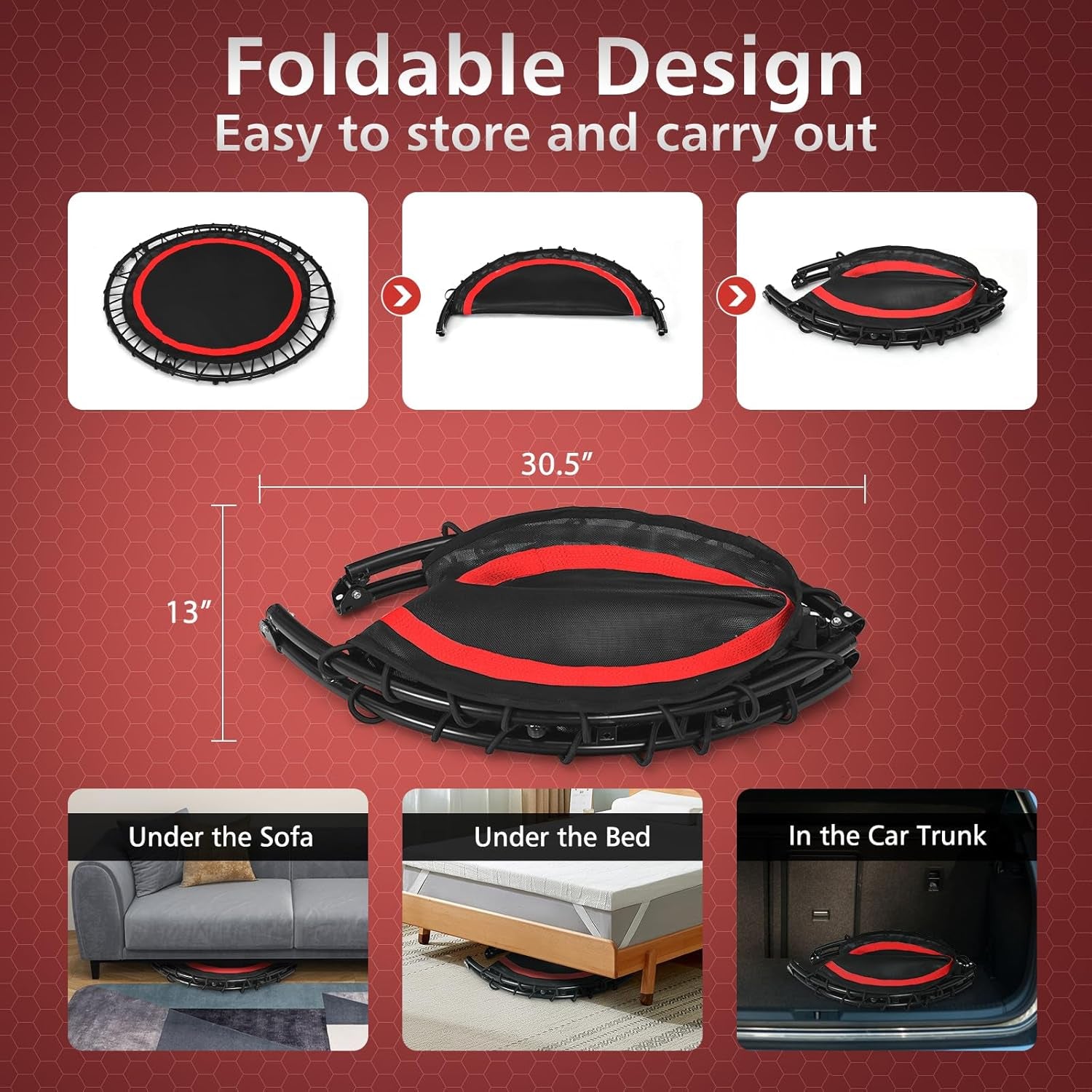 40" Foldable Mini Trampoline for Indoor Fitness with Adjustable Height Handle and Resistance Bands, Suitable for Adults and Children