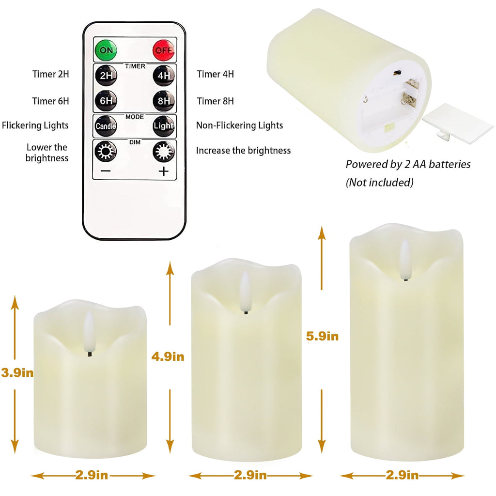 Set of 3 White Flameless LED Pillar Candles with Remote Control and Timer - Dimmable Battery-Operated Electric Candles for Holiday Decor