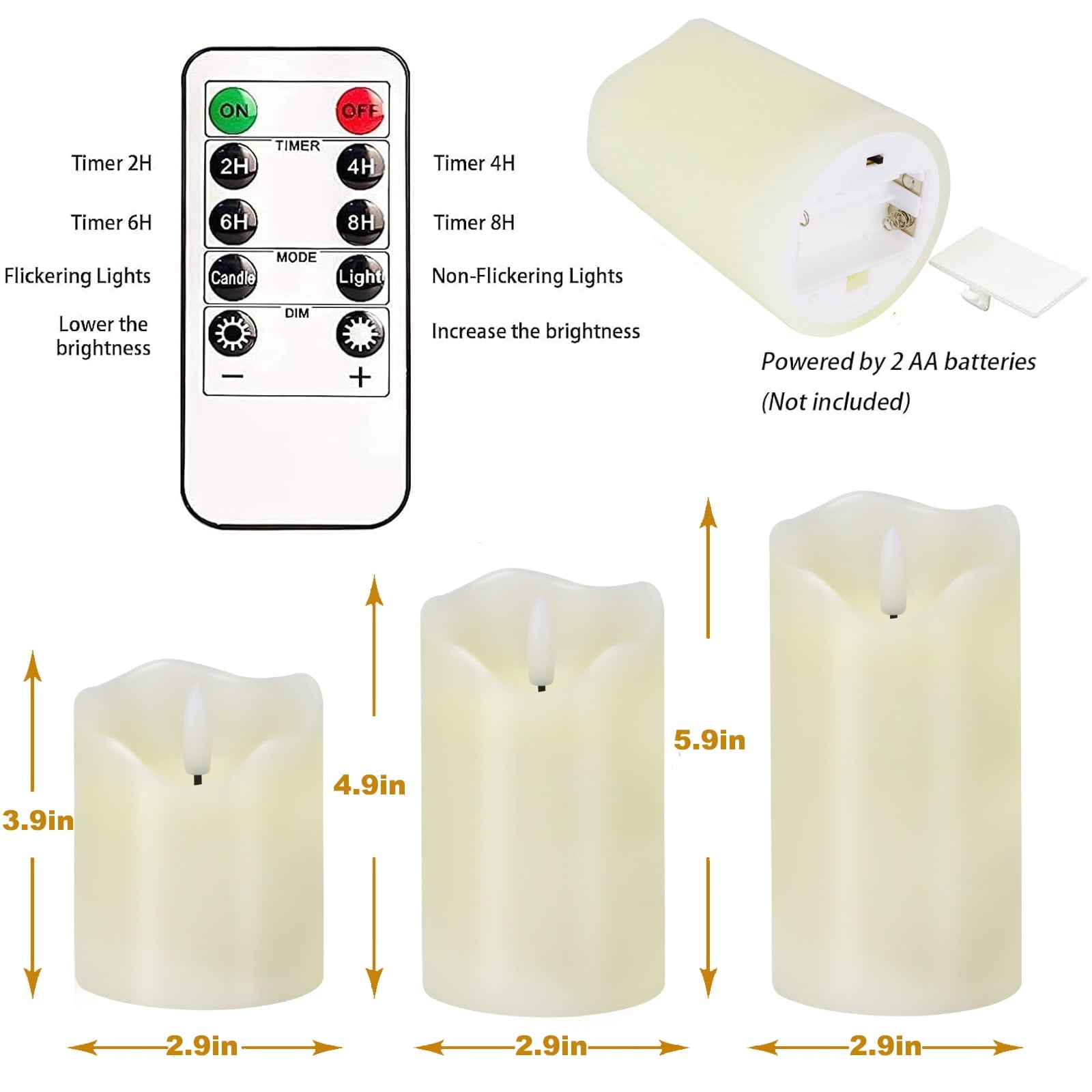 Set of 3 White Flameless LED Pillar Candles with Remote Control and Timer - Dimmable Battery-Operated Electric Candles for Holiday Decor