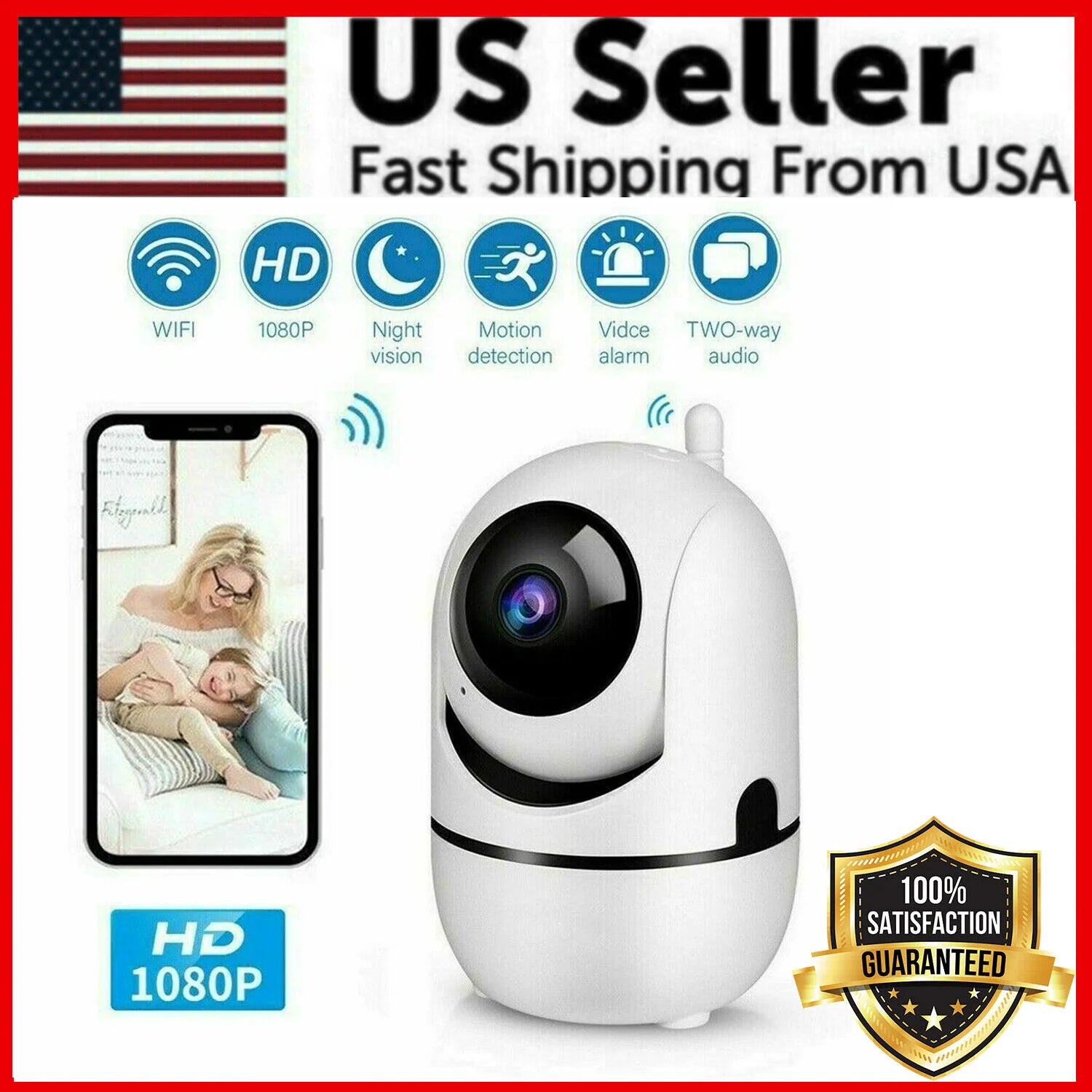 1080P Wireless Indoor Security Camera with Night Vision for Home Monitoring of Babies and Pets