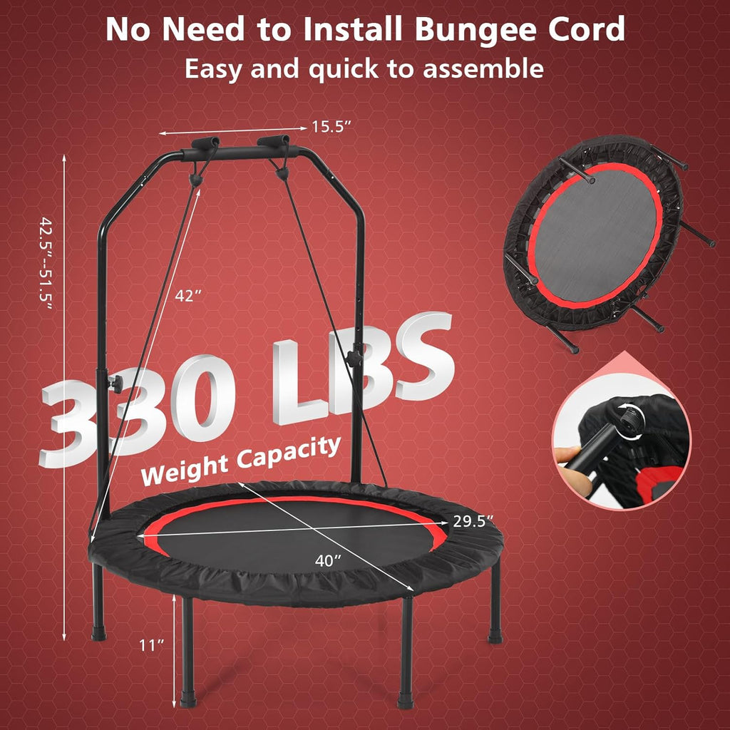 40" Foldable Mini Trampoline for Indoor Fitness with Adjustable Height Handle and Resistance Bands, Suitable for Adults and Children