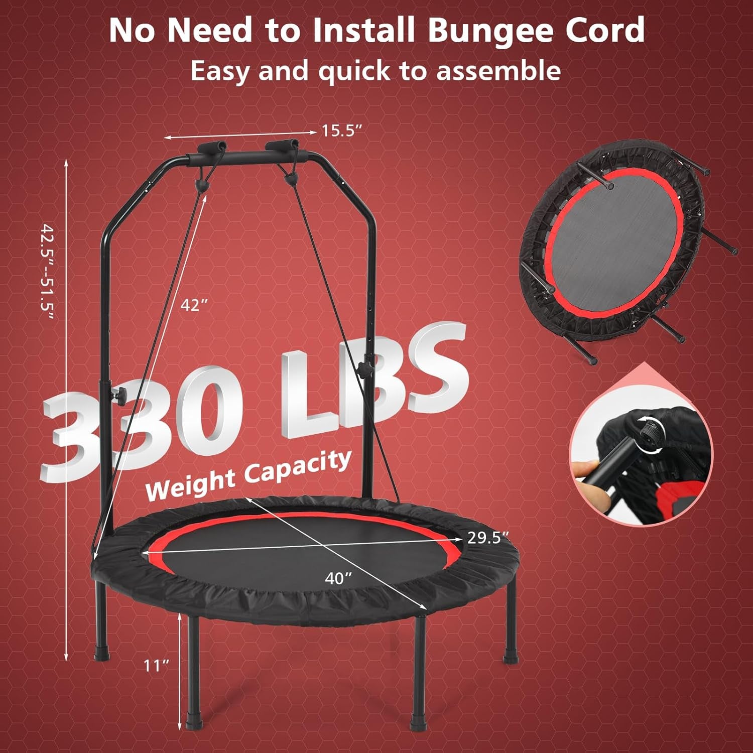 40" Foldable Mini Trampoline for Indoor Fitness with Adjustable Height Handle and Resistance Bands, Suitable for Adults and Children
