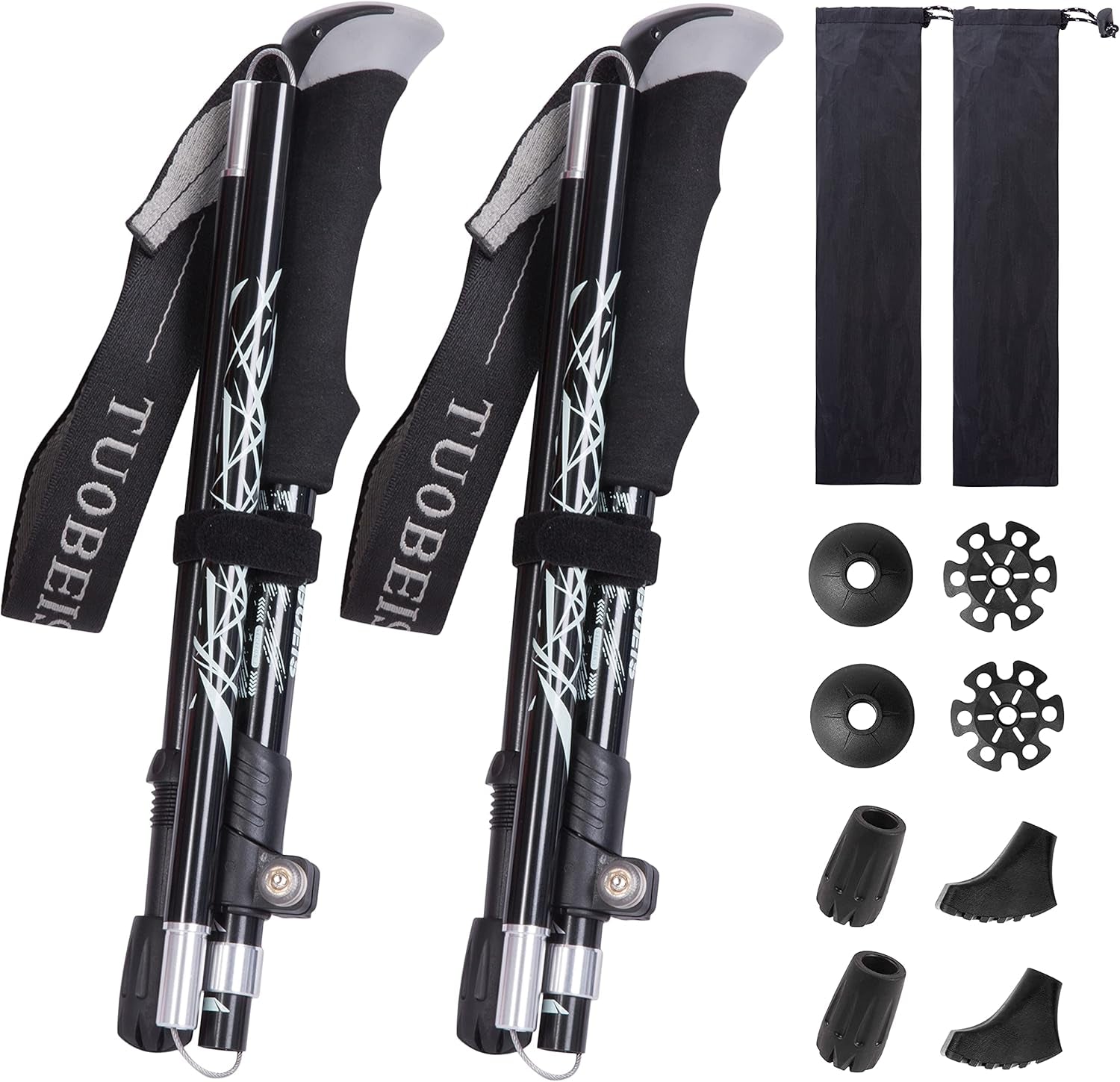 Collapsible Trekking Poles for Hiking - 2-Piece Lightweight Adjustable Antishock Walking Sticks with 8 Replacement Rubber Tips, Black