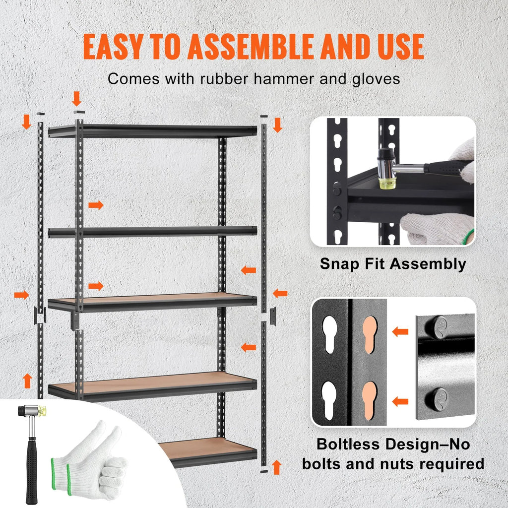 VEVOR Heavy-Duty 5-Tier Adjustable Metal Storage Shelving Unit, 2000 lbs Capacity, Utility Rack for Garage, Kitchen, Pantry, Basement, Bathroom, and Laundry, Black, 48" L x 24" W x 72" H