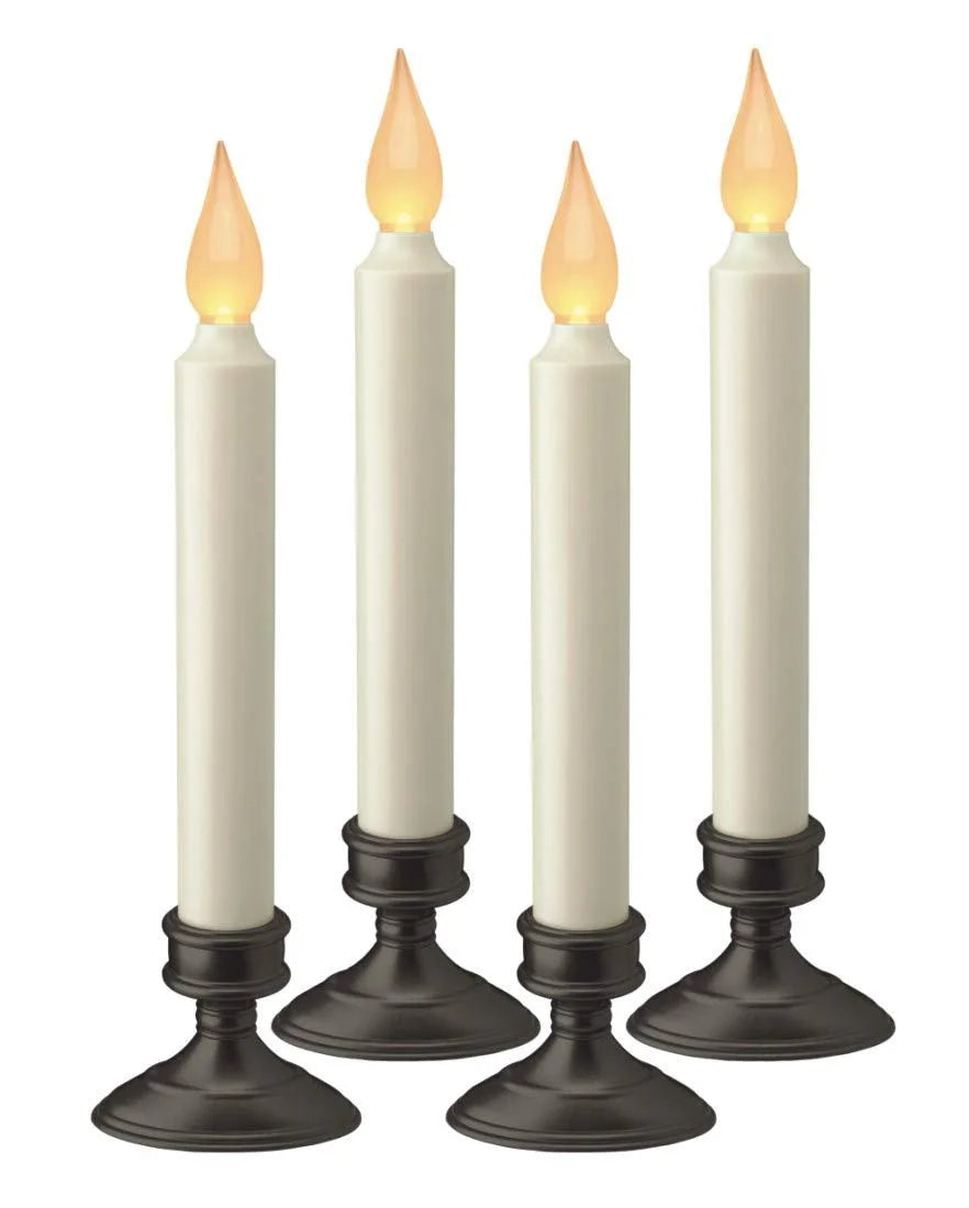 Battery-Operated LED Window Candles with Dusk to Dawn Sensor, Aged Bronze Base, Amber Flickering Flame - Set of 4