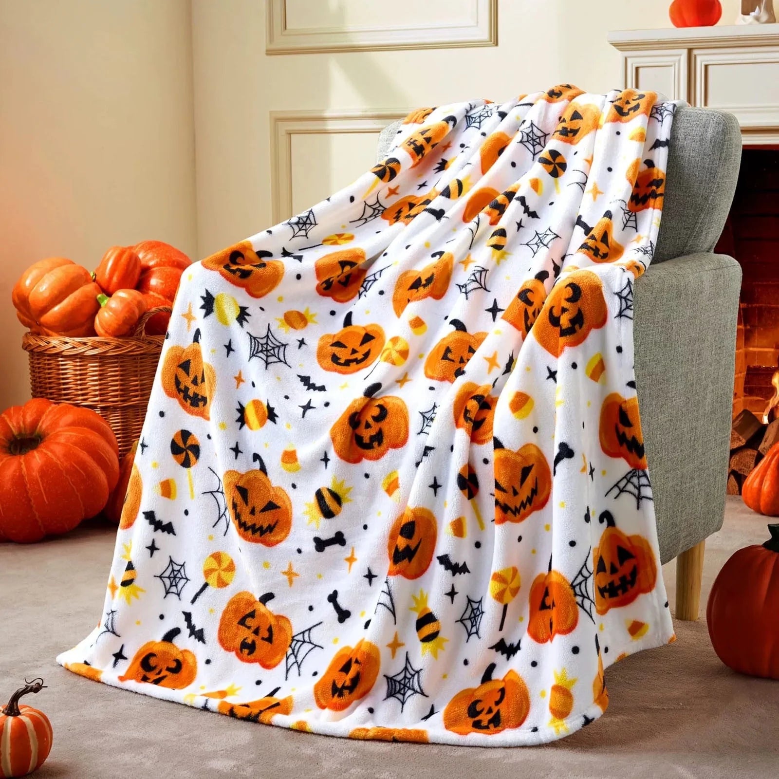 Halloween Themed Plush Throw Blanket - Soft and Warm Spider Webs, Bats, and Pumpkins Design for Sofa, Bed, Couch, or Dorm Use