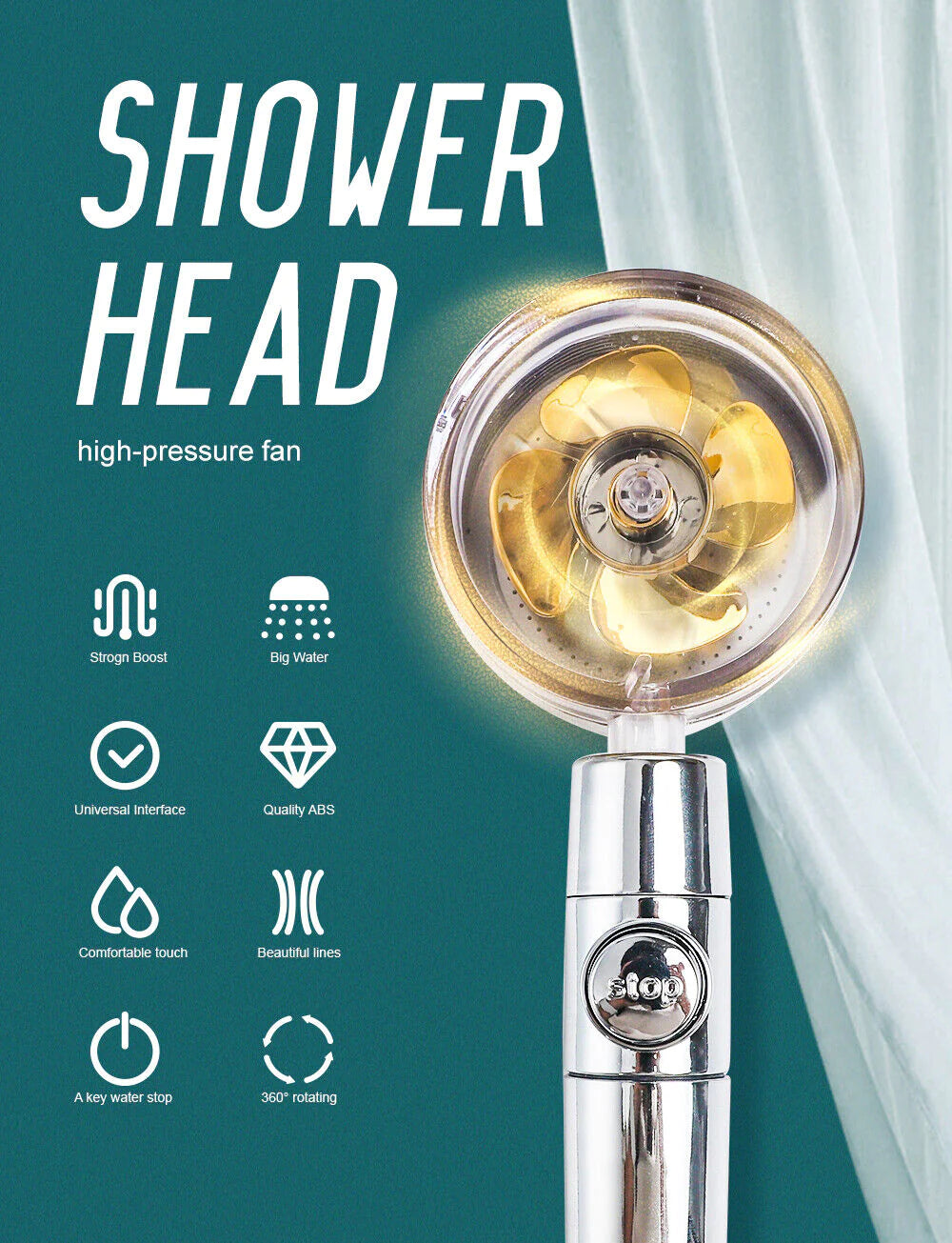 Adjustable High-Pressure Shower Head with 360° Rotation and Water-Saving Turbine Technology