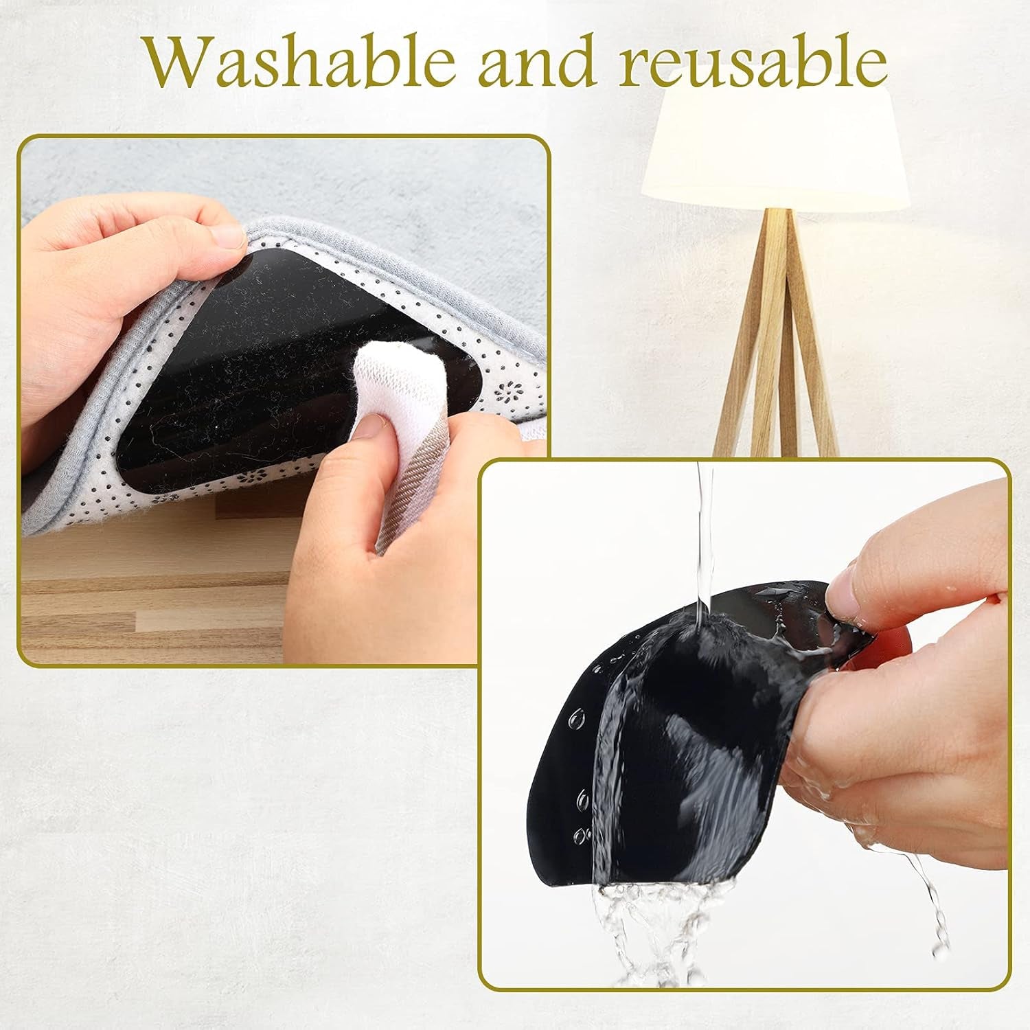 Non-Slip Rug Pad Grippers - Washable Anti-Curling Reusable Rug Stopper Tape and Corner Stickers for Hardwood, Tile, and Carpet Floors (12 Pieces)