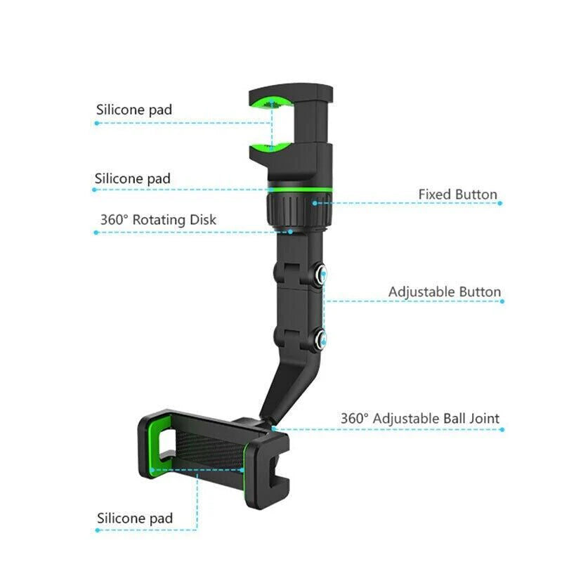 360° Adjustable Car Rearview Mirror Phone Holder Mount - Multifunctional Design